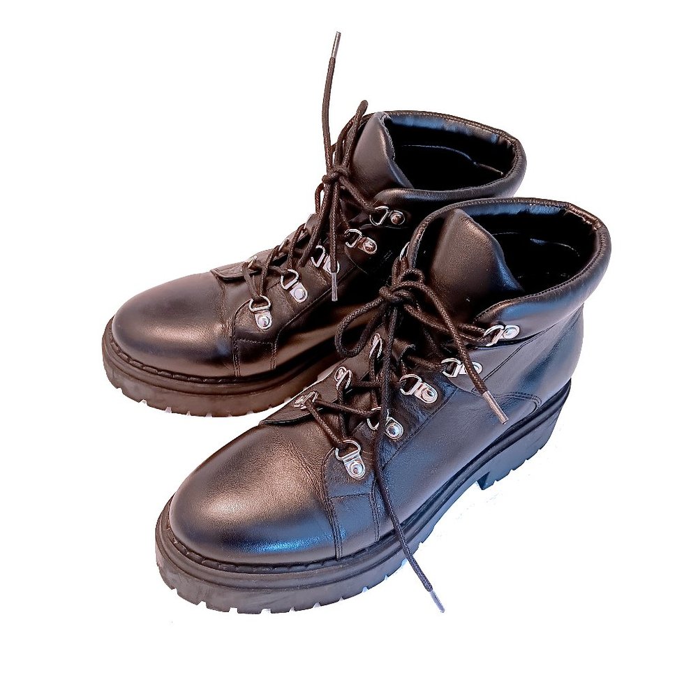 Marc Fisher Hiking Boots Womens 8M Leather Nula 2 Black Lug Chunky Combat